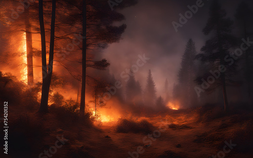 A darkened night sky filled with smoke and illuminated by flames from a forest fire. © julien.habis