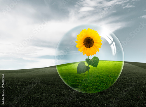 Seifenblase mit sonnenblume in einer Landschaft