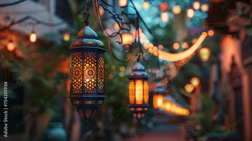 eid mubarak celebration pennant with lights adornment - obrazy, fototapety, plakaty 