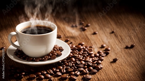 Roasted beans enhancing the aroma of a steaming cup of coffee