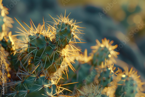 Cactus with spines close up at sunset
 photo