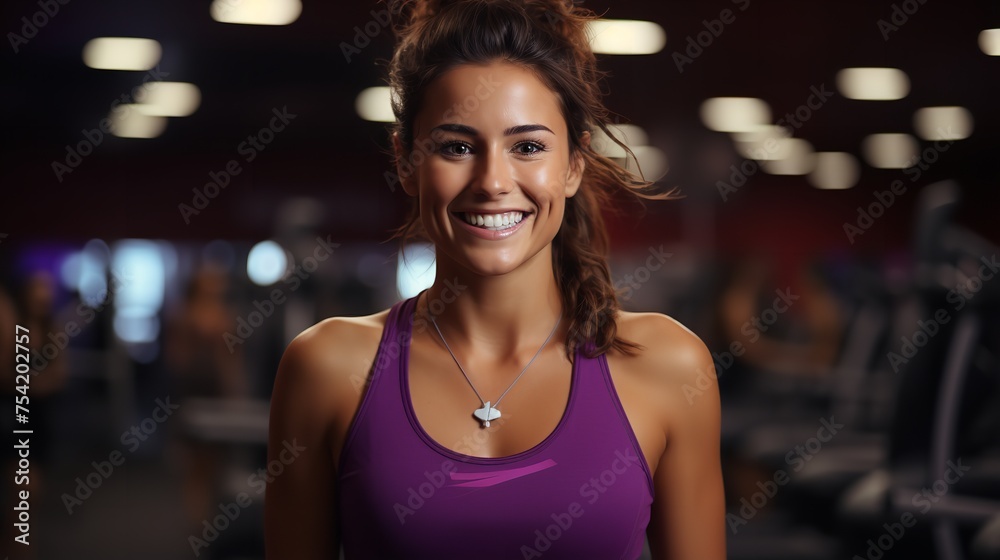 Smiling Fit Brunette Woman in Fitness Rack Overhead