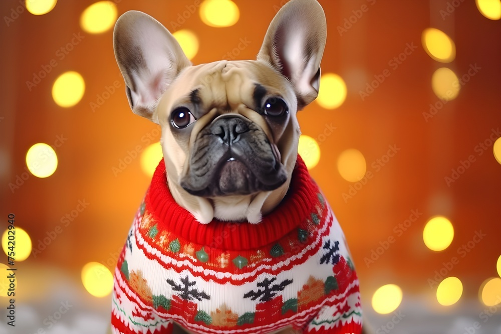 A dog wearing a sweater and a santa hat
