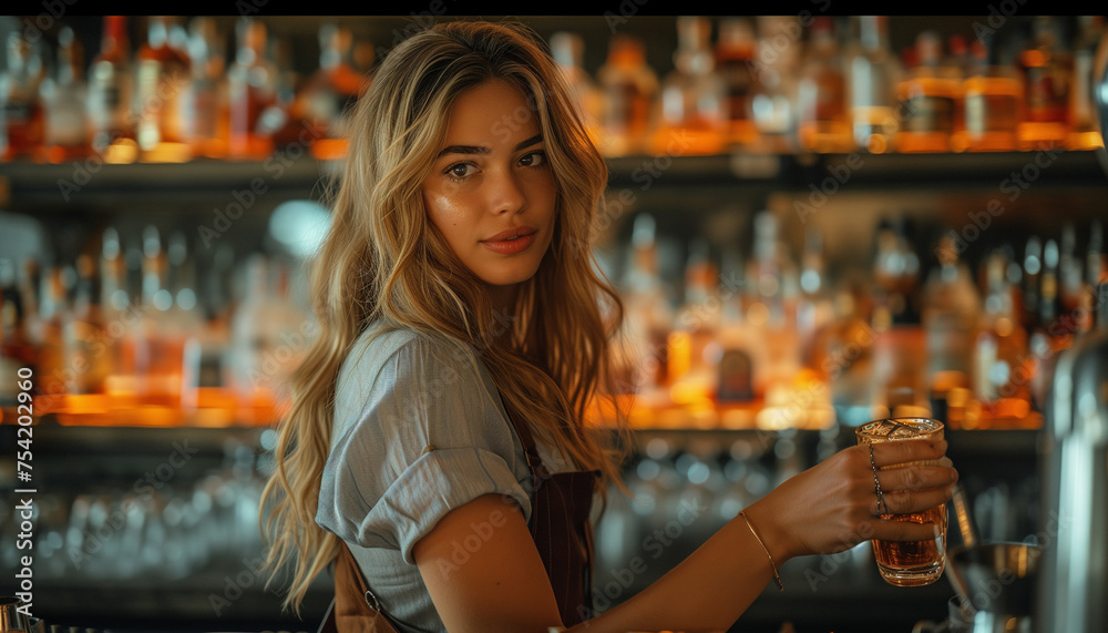 Woman Bartender Working in modern bar in summer time.Earning money abroad, Restaurant business, Alcohol concept