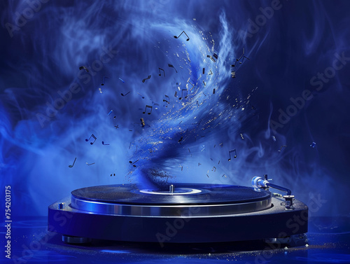 Retro turntable with a tornado spiraling up notes fluttering photo
