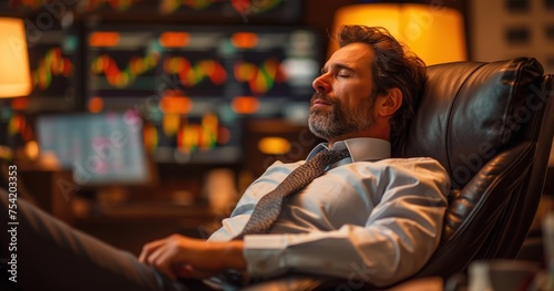 a man an investor lay down relaxing with graph on screen as background, Generative Ai 