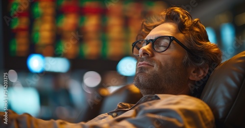 a man an investor lay down relaxing with graph on screen as background, Generative Ai 