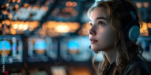 A woman efficiently manages air traffic control operations. Concept Female air traffic controller, Managing plane traffic, Efficient operations, High-pressure job