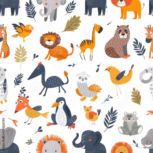 Wildlife Wonderland. Seamless Pattern Design Featuring a Variety of Colorful Animals  Perfect for Children s Concepts  Isolated on a White Background.