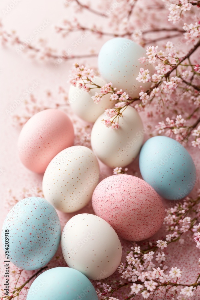 Speckled Easter eggs rest by fragile cherry blooms on soft pink backdrop Speckled Easter eggs rest by fragile cherry blooms on soft pink backdrop