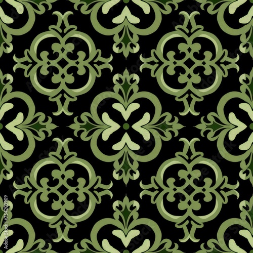 Classic Elegance. Vintage Black and Green Geometric Pattern Against a Bold Black Background, Infusing Timeless Style with Modern Sophistication.