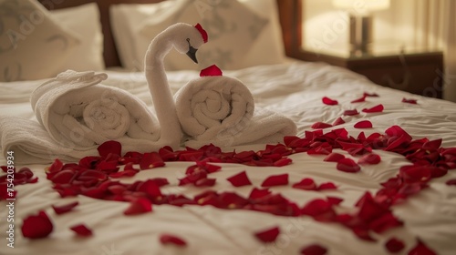 The bedroom has a white towel shaped like a swan, has roses sprinkled on a bed, a heart shape from a white towel, and red rose petals. bedroom used on wedding day