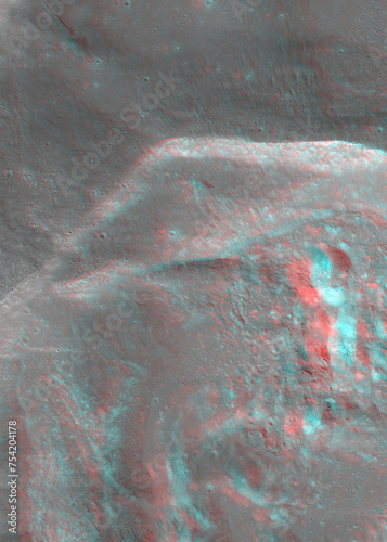 Lunar surface 3d anaglyph of  Wiener F crater. Use red/cyan 3d glasses. Image from the Lunar Reconnaissance Orbiter Camera (LROC), NASA/GSFC/Arizona State University.