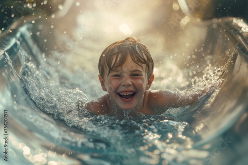 Happy smiling kid sliding down a water slide at the swimming pool 