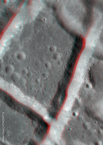 Lunar surface 3d anaglyph of  fractures in the floor of the Komarov crater. Use red/cyan 3d glasses. Image from the Lunar Reconnaissance Orbiter Camera (LROC), NASA/GSFC/Arizona State University.