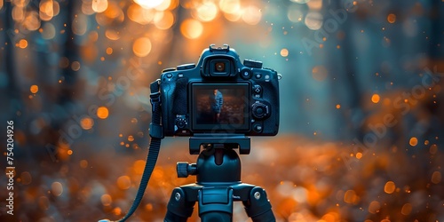 A digital cinema camera on a tripod against a blurred background. Concept Cinematography, Camera Equipment, Film Production, Technology, Filmmaking