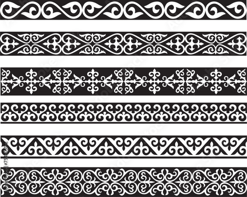 Set of vector monochrome seamless Kazakh national ornament. Ethnic pattern of the nomadic peoples of the great steppe, the Turks. Border, frame Mongols, Kyrgyz, Buryats, Kalmyks..