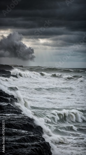 Tempestuous grey skies swirl over tumultuous waves on shadowy coast 