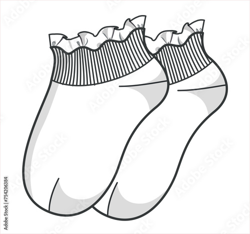 Baby socks technical drawing, flat sketch, vector illustration