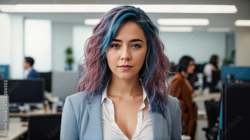 Visionary lady at the helm within a bustling office scene Visionary lady at the helm within a bustling office scene
