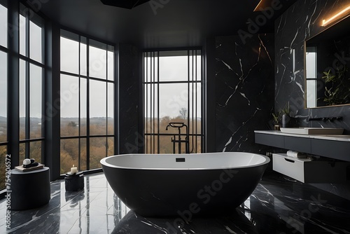Modern interior of a bathroom and marble bathtub