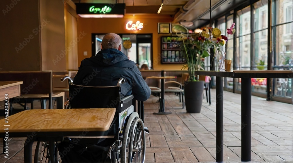 Obraz premium A man in a wheelchair meets with friends in a cafe or restaurant, an accessible environment for people with disabilities