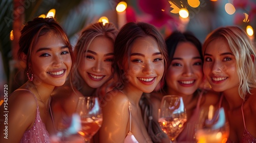 Beautiful women smiling at dinner and wine party in the garden along with other women with a blurry background wear simple and elegant clothes. Enjoy fun conversations and share memorable experiences.