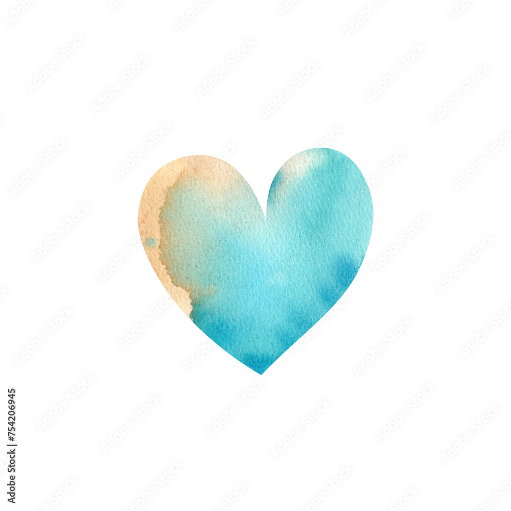 Watercolor heart of yellow-blue color on a white background. An isolated hand-drawn illustration. Valentine's day, birthday, gender party. template for printing postcards.