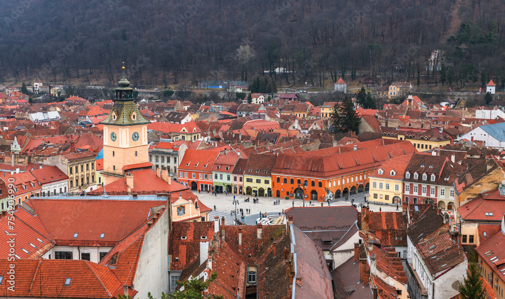 A rooftop view with Brasov city cemter in Romania