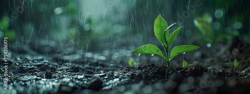 In the spring, a green plant sprouts from the ground in the rain photo