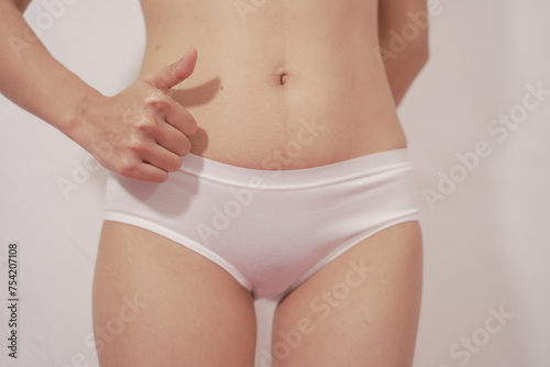 Close-up of woman wearing white panties On a white background about menstruation, cervical cancer, ovarian cancer.
