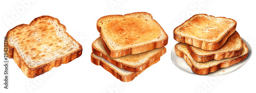  set of three toast bread clipart breakfast snack watercolor illustration on transparent background