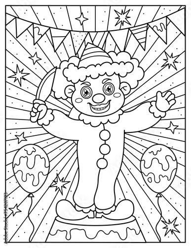 Spooky clown in circus, knife, balloons. Coloring book for children. Coloring book for adults. Halloween.