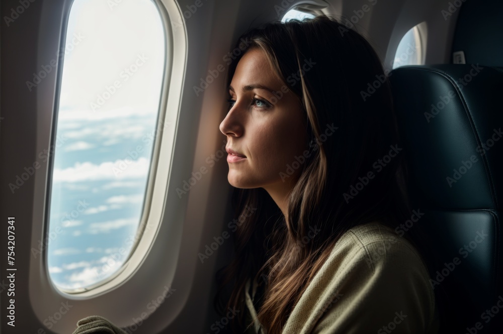 Fototapeta premium Woman gazes airplane window lost deep reflection 