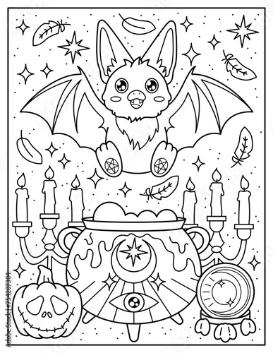 Cute creepy bat, cauldron, pumpkin, candles.Coloring book for children. Coloring book for adults. Halloween.