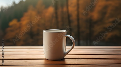 Close up of a beige Mug on a wooden Table in a Forest. Blurred natural Background