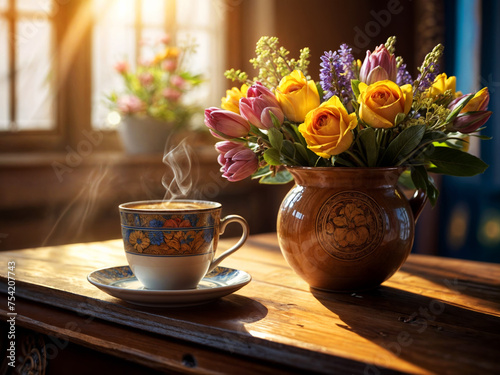 A cup of hot coffee is on the table. The room is illuminated by warm sunlight. There is a bouquet of flowers in a vase nearby, mostly yellow and pink tulips.