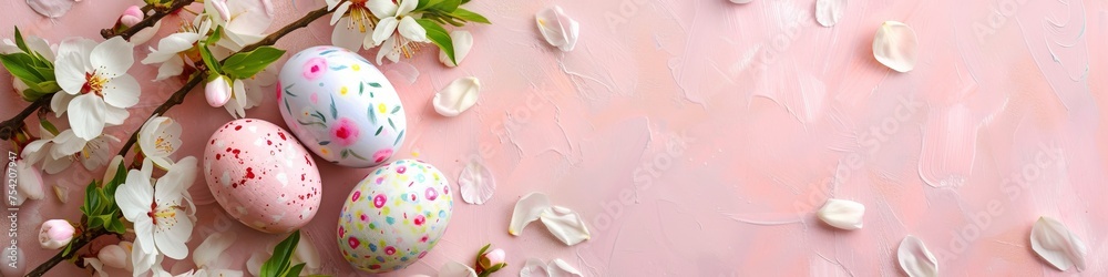 Fototapeta premium Easter eggs with flowers background.