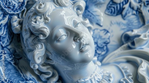 Baroque Elegance. Sculpted Female Figure Adorned with Surface Blue and White Porcelain Patterns, Exuding Timeless Beauty and Grace.