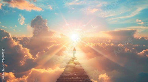 A person standing at the top of an endless staircase, looking down into heaven with clouds and sunshine. The stairs lead to the sky, symbolizing hope for people who have lost loved ones