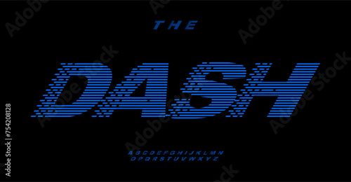 Racing swift alphabet, dashed letters, halftone pixel effect font for dynamic logo, automotive headline, dynamic disappearing effect typographic design. Vector typeset.