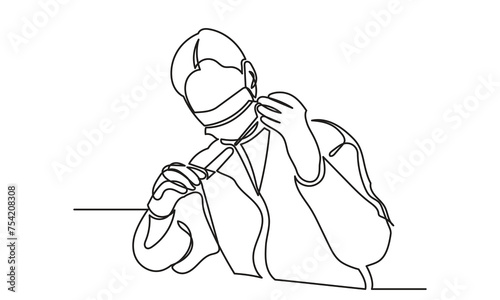 Continuous line drawing of female scientists with a test tube working in the laboratory. Medical Lab research concept line art. Scientist Using test tube for Analysis Vector Illustration.