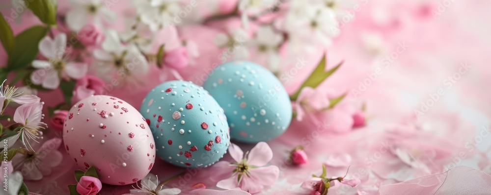 Obraz premium Easter eggs with flowers background.
