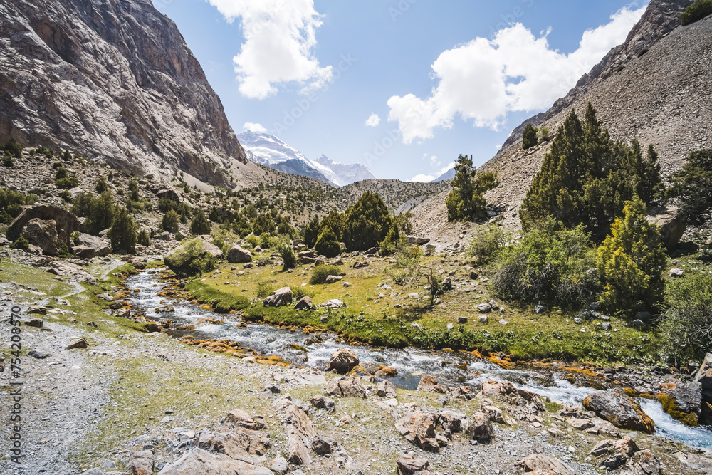 A mountain river flows in a valley in the Fann Mountains against the backdrop of rocky slopes and peaks with glaciers in Tajikistan, a mountain stream and a valley with vegetation