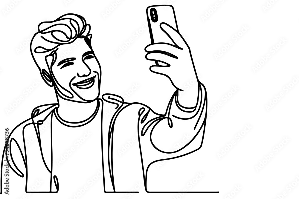 continuous one black line art drawing cheerful young man holding smartphone to taking acting selfie or video call through mobile phone outline doodle vector family travel concept