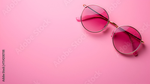 Pink sunglasses isolated on pink background. copy space. generative ai