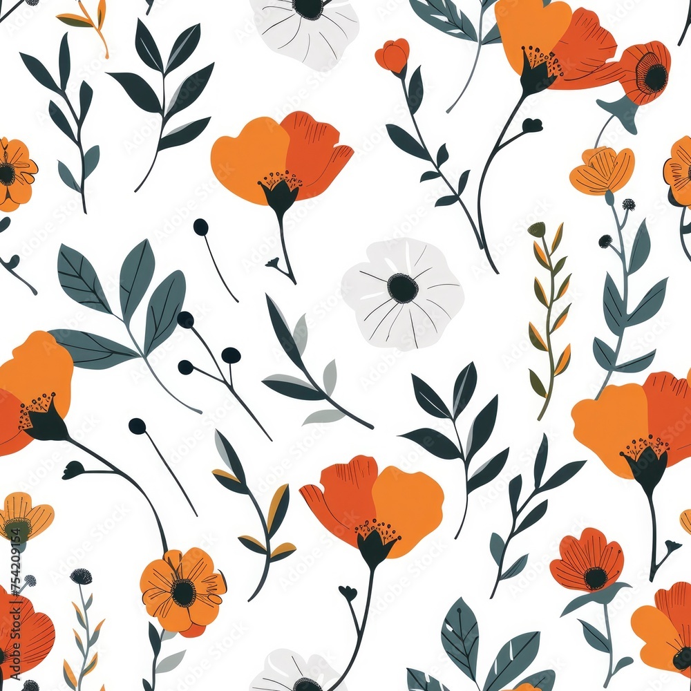 Seamless pattern featuring flowers and scattered leaves isolated on a white background