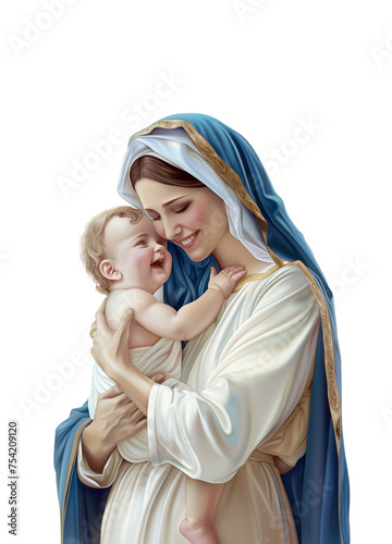 Mother Mary and baby Jesus. Mother of Jesus holding baby Jesus in her arms. Happy and smiling. Love concept. Religious concept of Jesus and his mother. Most emotional illustration of Nativity. photo