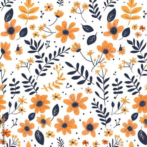 Seamless pattern featuring flowers and scattered leaves isolated on a white background