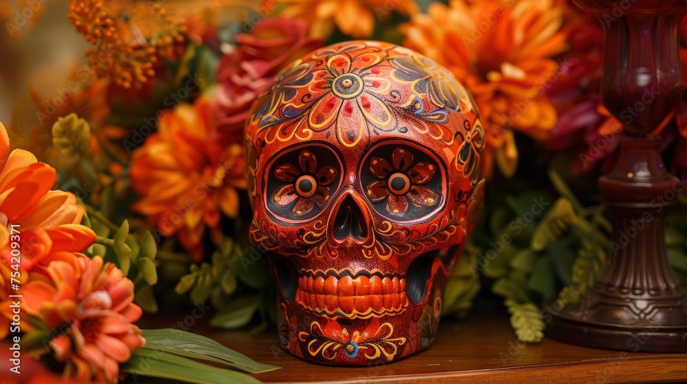Orange skull with flowers, Cinco de Mayo day concept
